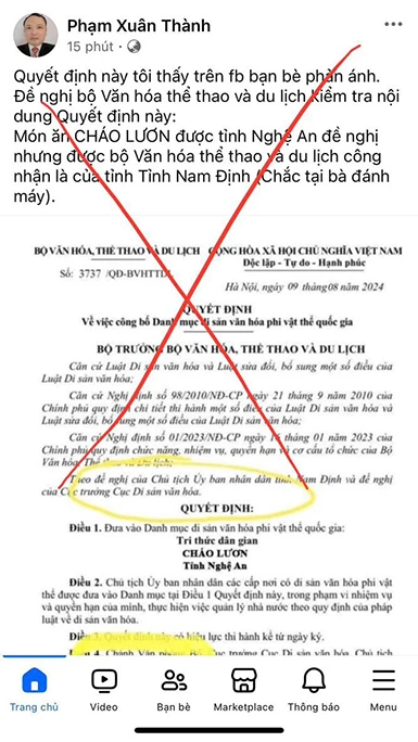 Thông tin “Cháo lươn Nghệ An” trở thành di sản văn hóa phi vật thể là sai sự thật ảnh 1