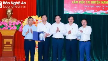 Các đồng chí Ủy viên dự khuyết Ban Chấp hành Trung ương Đảng khóa XIII khảo sát thực tế xây dựng nông thôn mới tại huyện Nam Đàn