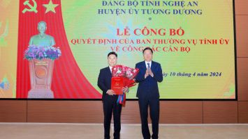 Ban Thường vụ Tỉnh ủy Nghệ An điều động, phân công, chỉ định Bí thư Tỉnh đoàn giữ chức Bí thư Huyện ủy Tương Dương