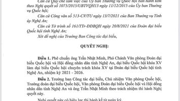 Nghị quyết phê chuẩn đại biểu Quốc hội chuyên trách khóa XV tỉnh Nghệ An